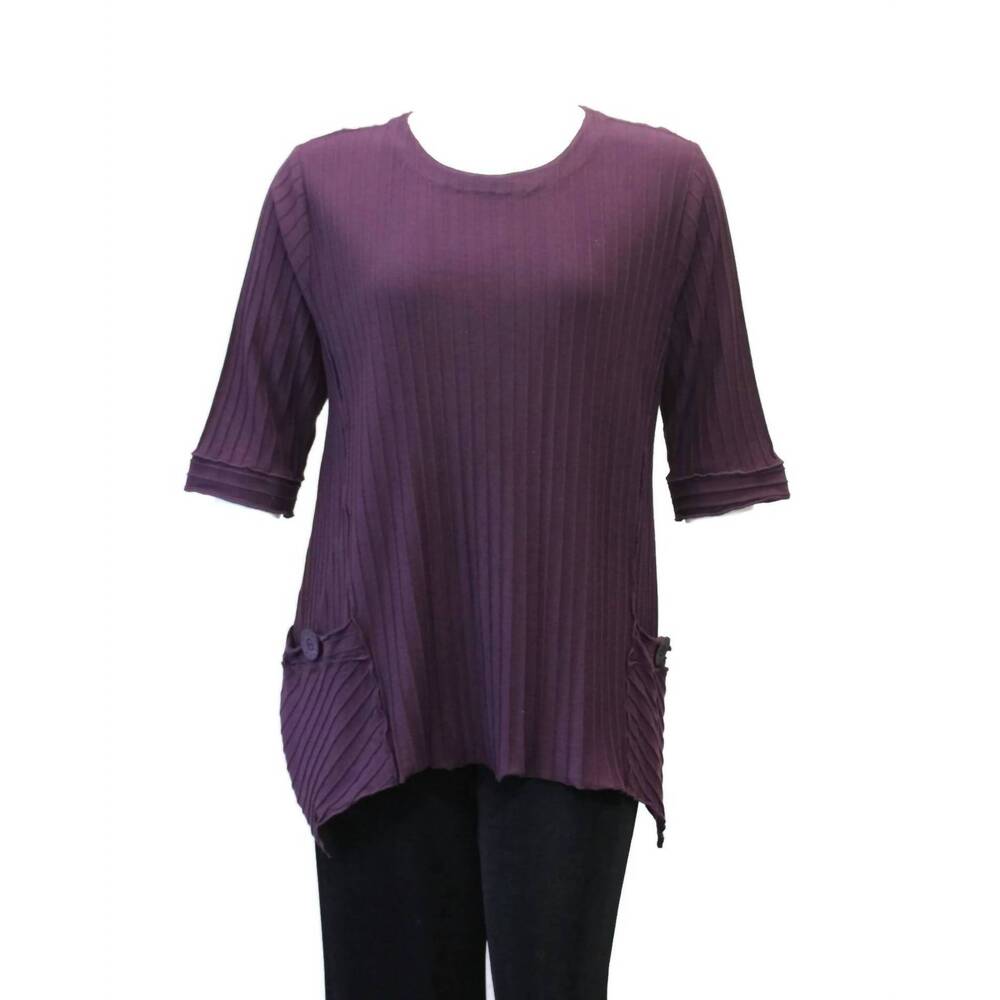NEW FOCUS women's asymmetrical textured rib knit cotton top in purple